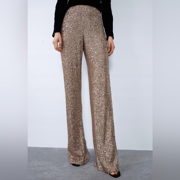 NWT ZARA Champaign Gold Sequins Pants XS - Picture 2 of 7